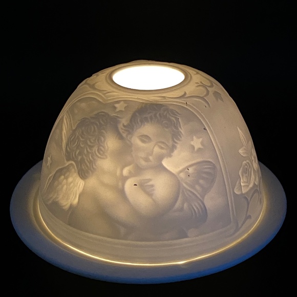 Tea light votive lithopane white porcelain embossed angel motif - Picture 1 of 4